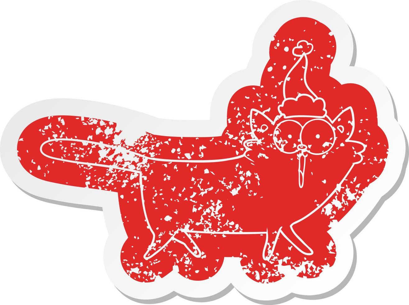 cartoon distressed sticker of a cat wearing santa hat vector