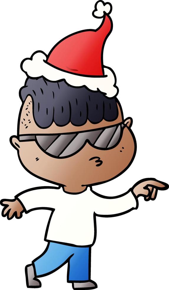 gradient cartoon of a boy wearing sunglasses pointing wearing santa hat vector