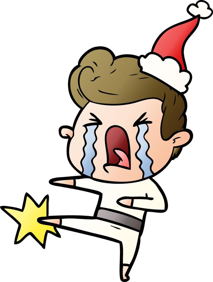 gradient cartoon of a crying man wearing santa hat vector