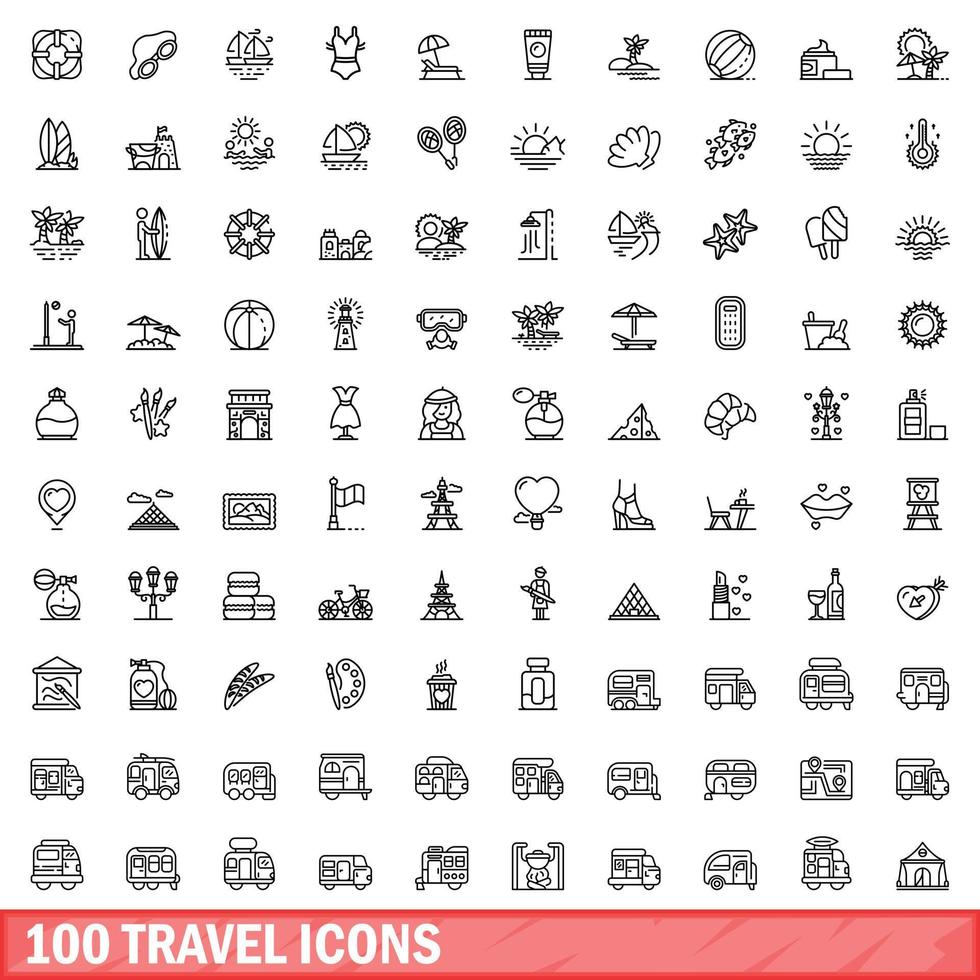 100 iconos de viaje, estilo de esquema vector