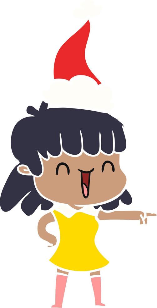 flat color illustration of a happy girl wearing santa hat vector