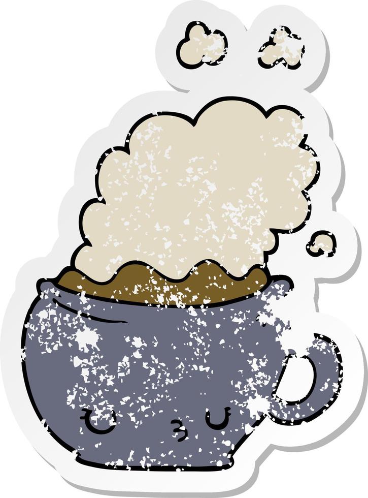 distressed sticker of a cute cartoon coffee cup vector