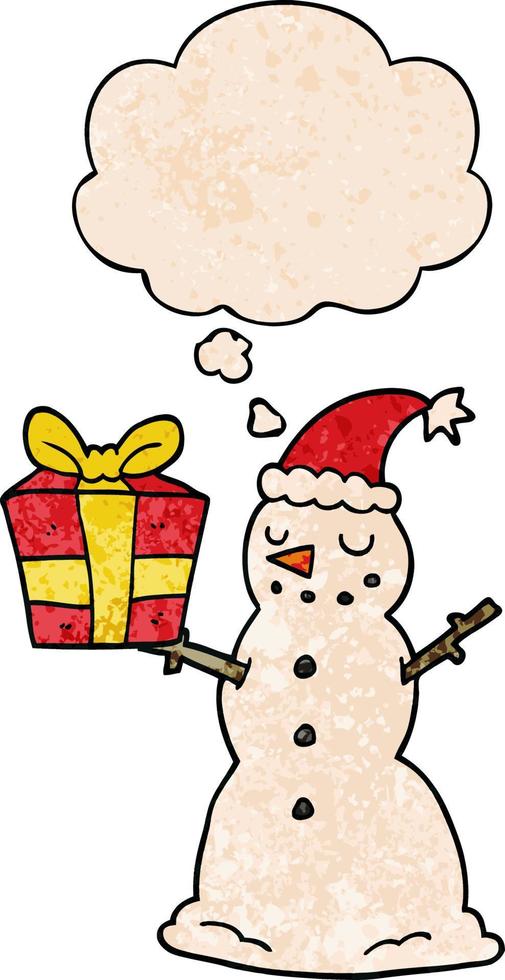 cartoon snowman with present and thought bubble in grunge texture pattern style vector