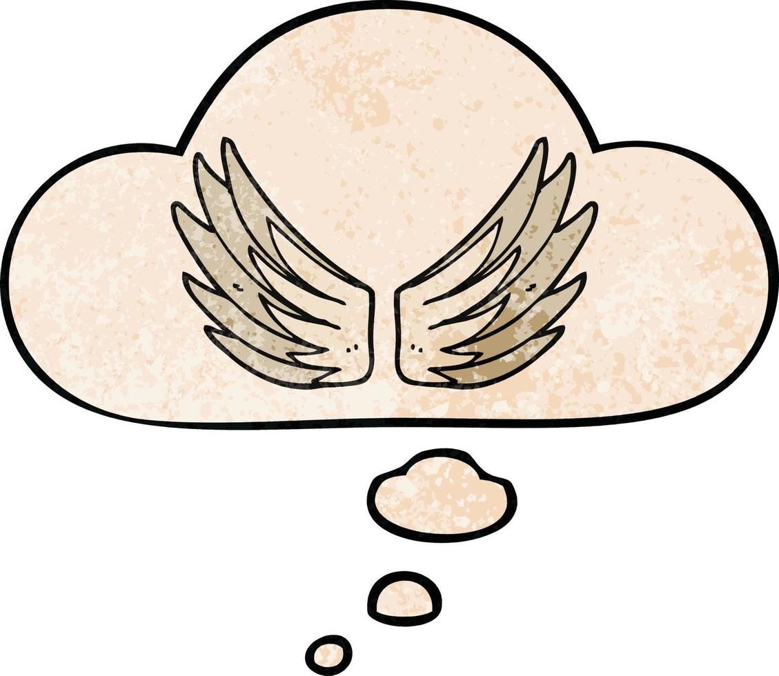 símbolo de alas de dibujos animados y burbuja de pensamiento en estilo de patrón de textura grunge vector