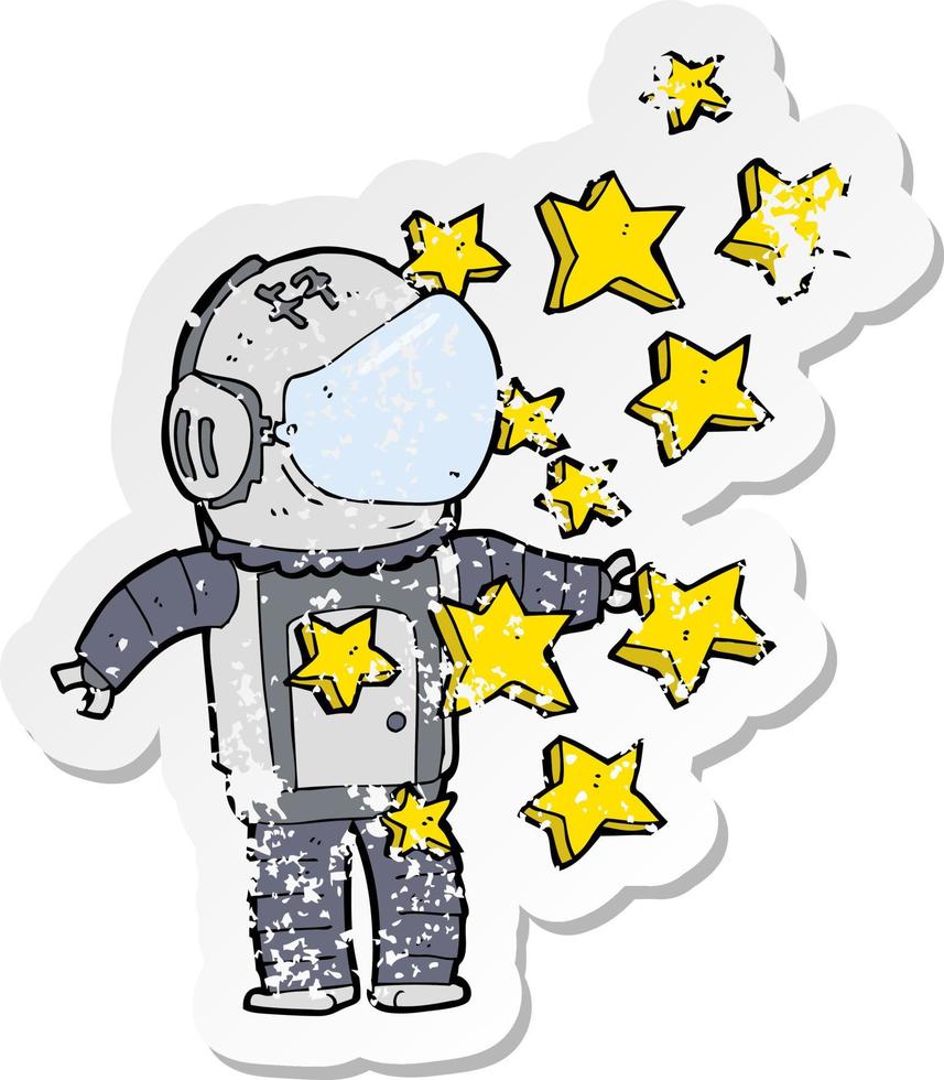retro distressed sticker of a cartoon spaceman vector