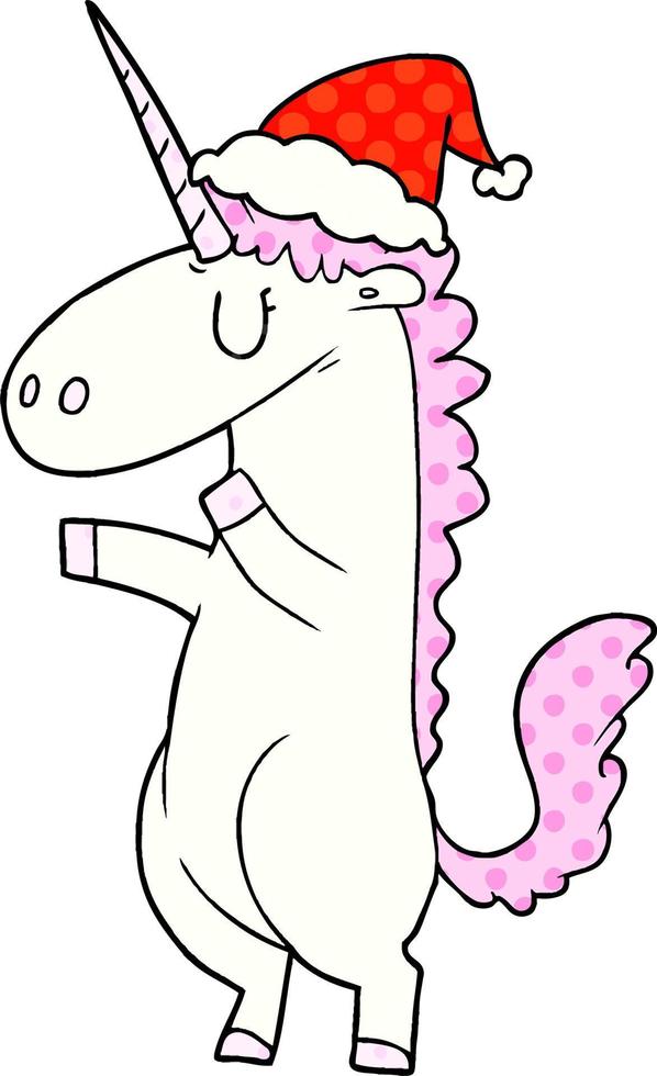 comic book style illustration of a unicorn wearing santa hat vector