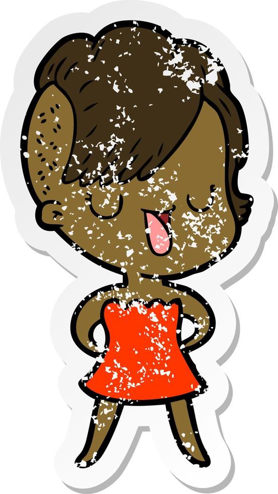 distressed sticker of a cute cartoon girl with hipster haircut vector