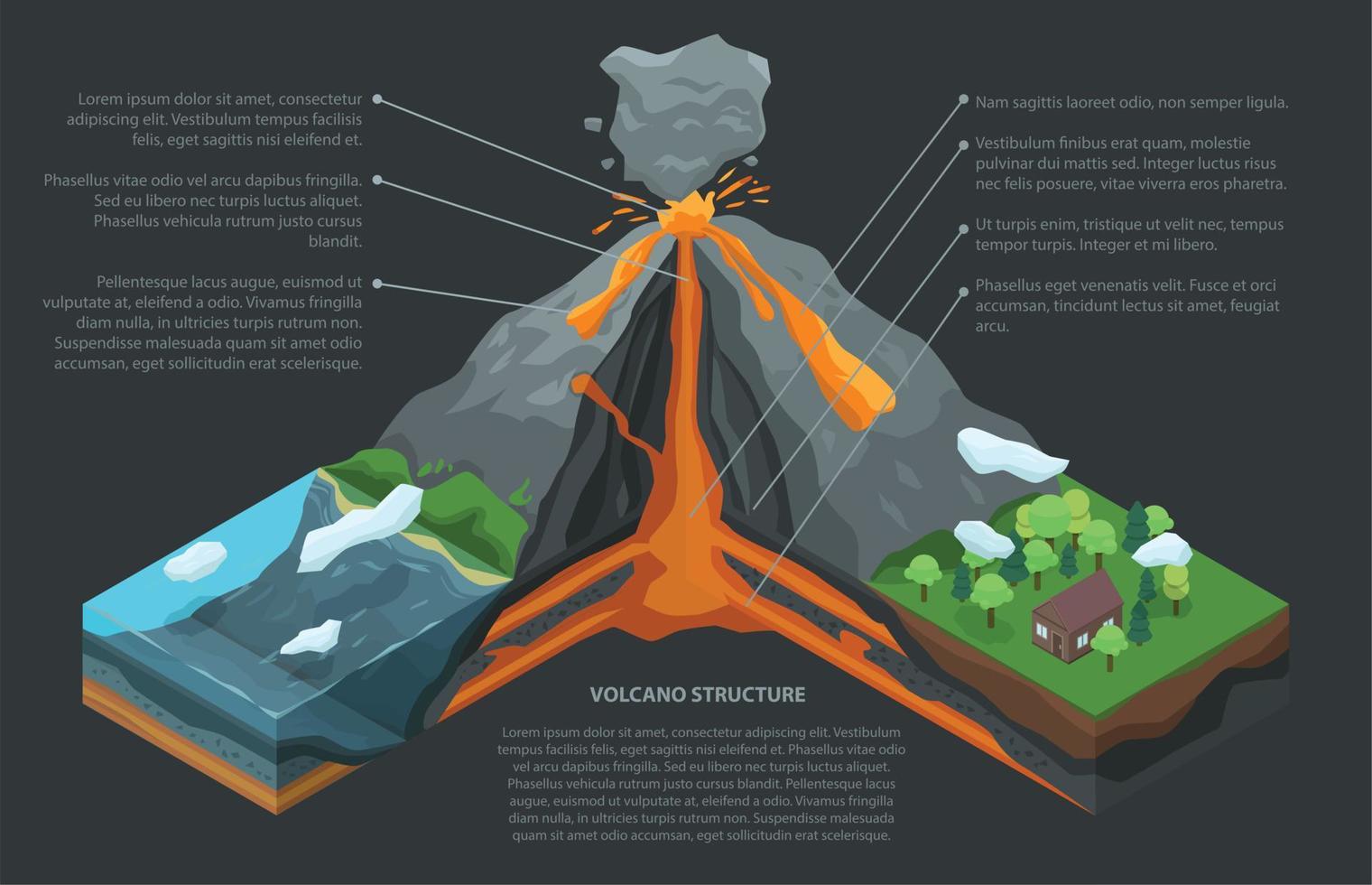 infografía de volcán, estilo isométrico vector