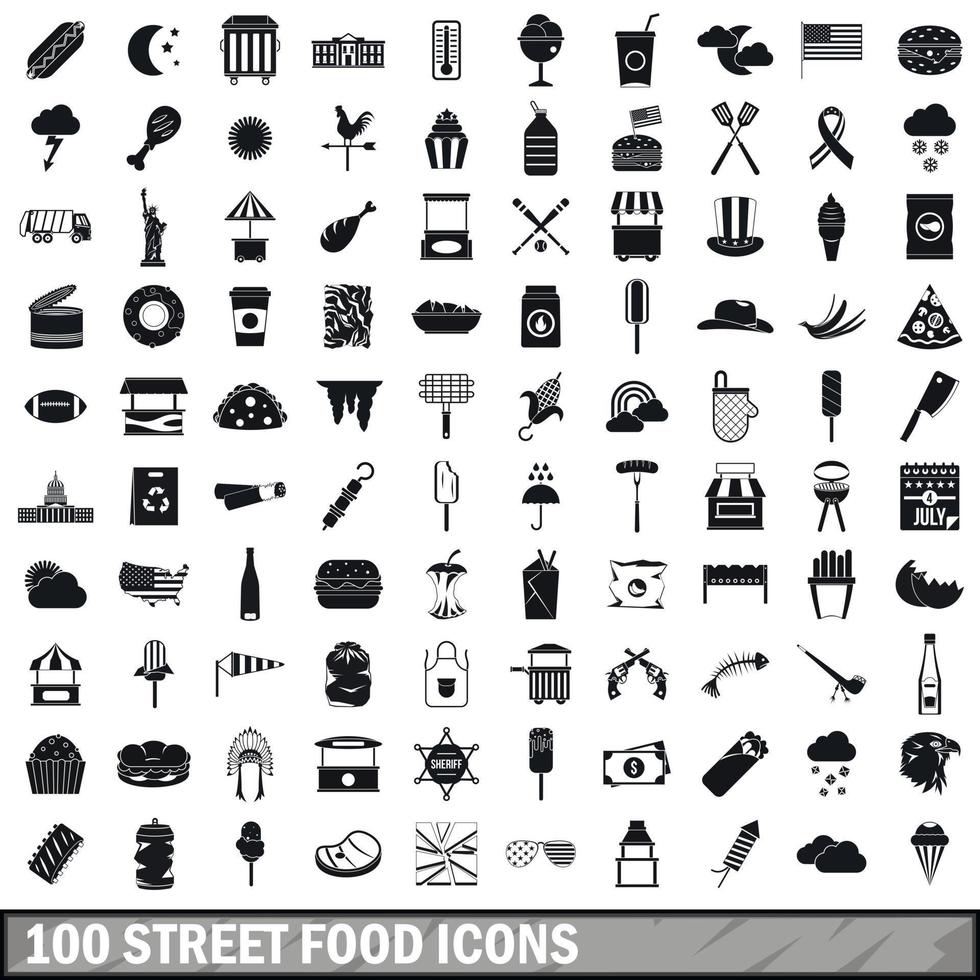 100 street food icons set, simple style vector