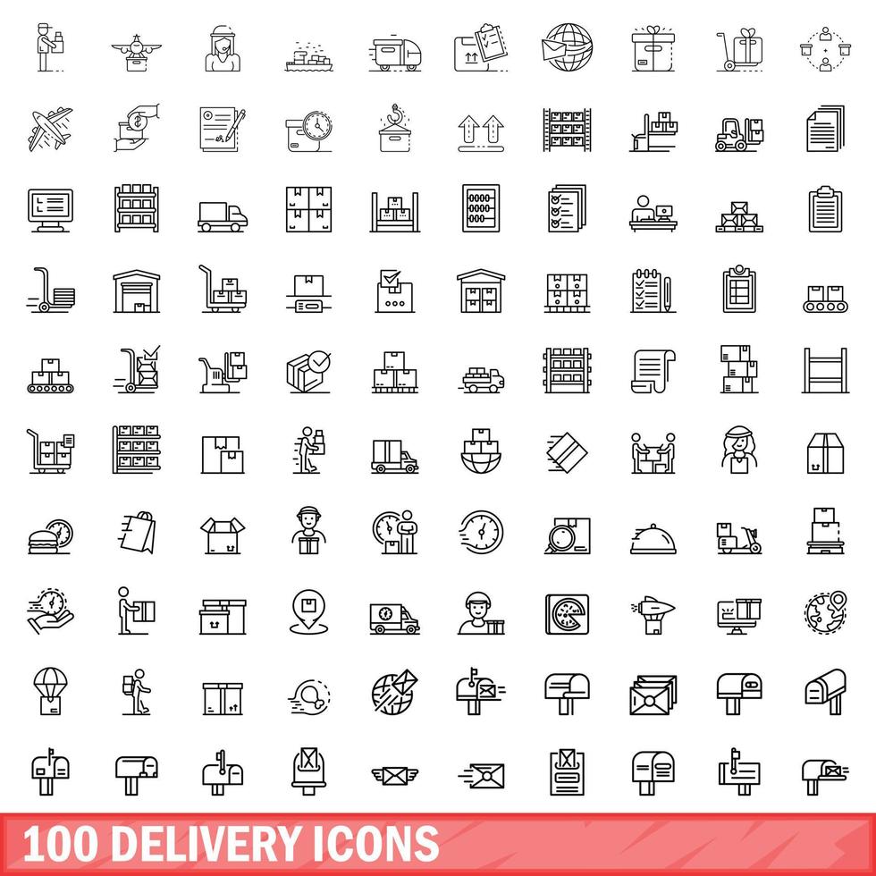 100 conjunto de iconos de entrega, estilo de esquema vector