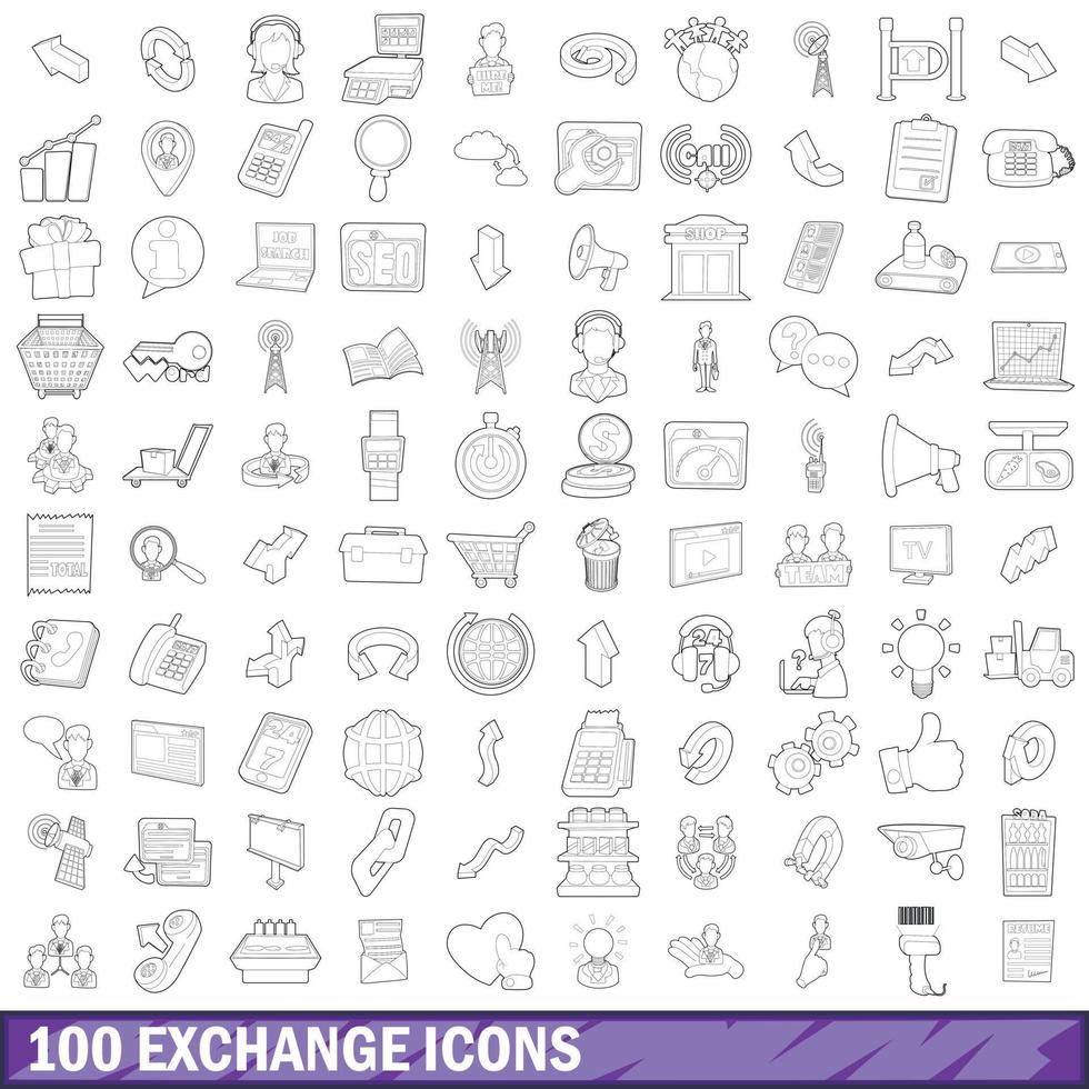 100 conjunto de iconos de intercambio, estilo de esquema vector