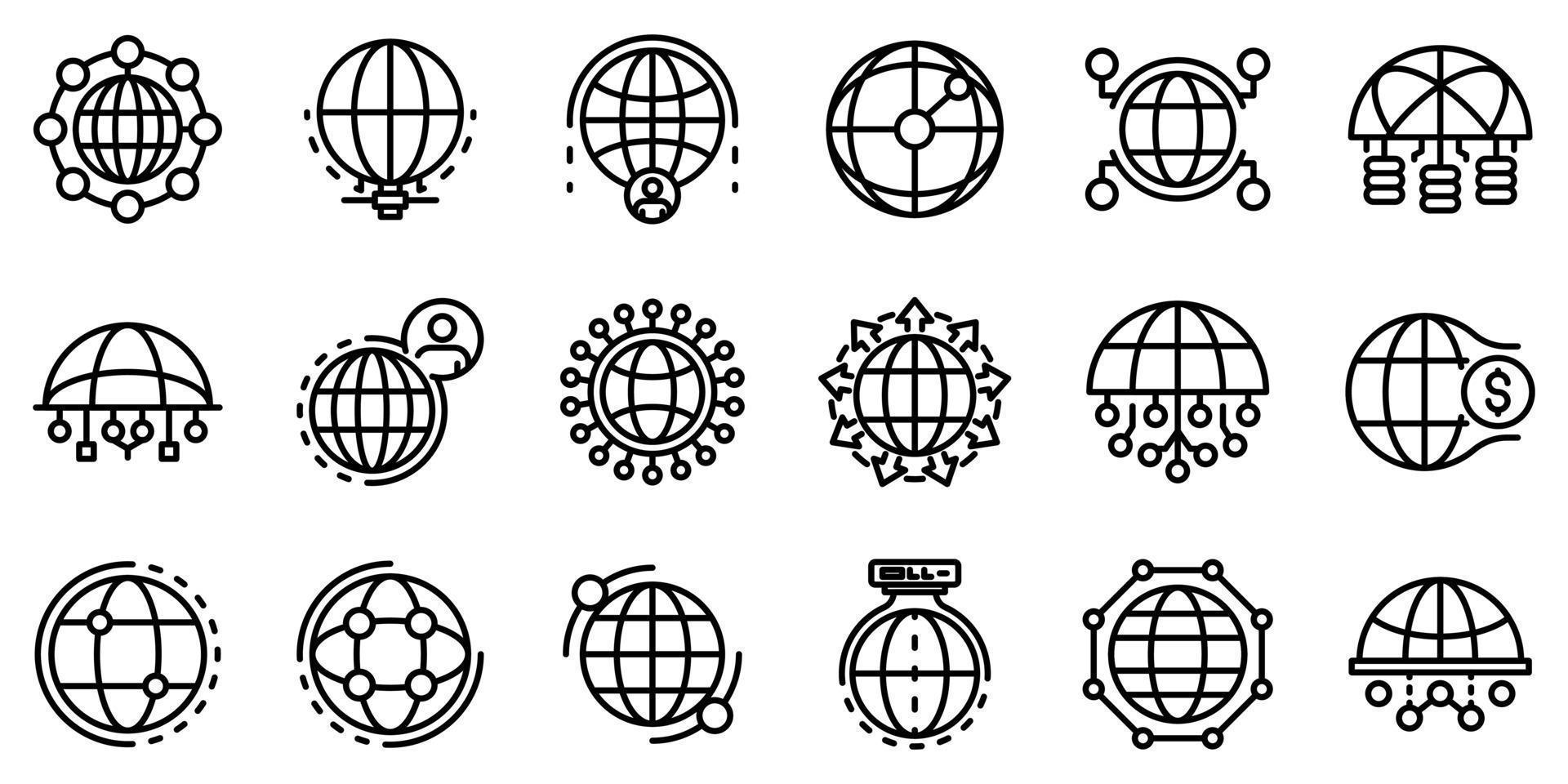 Global network icons set, outline style vector
