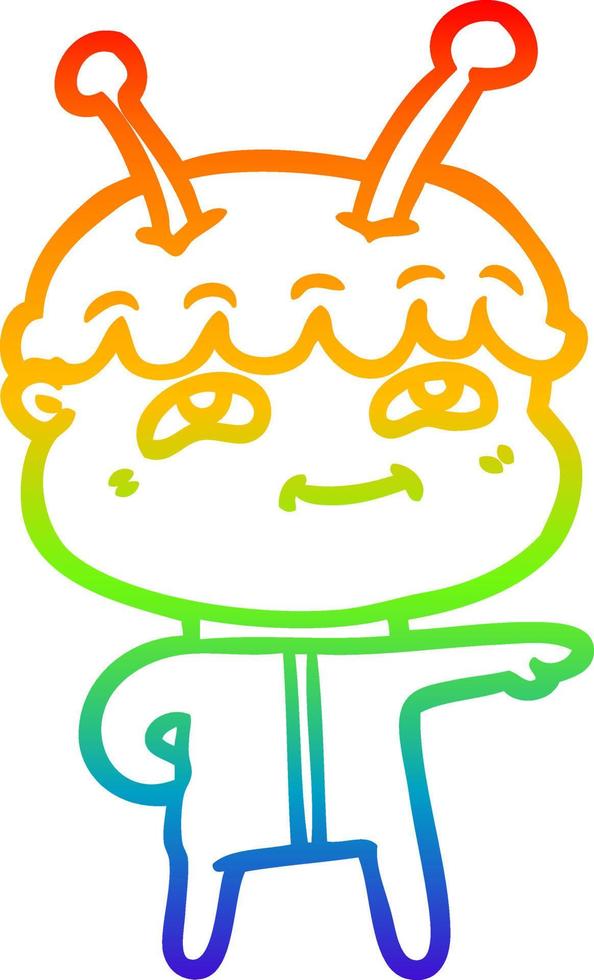 rainbow gradient line drawing friendly cartoon spaceman pointing vector