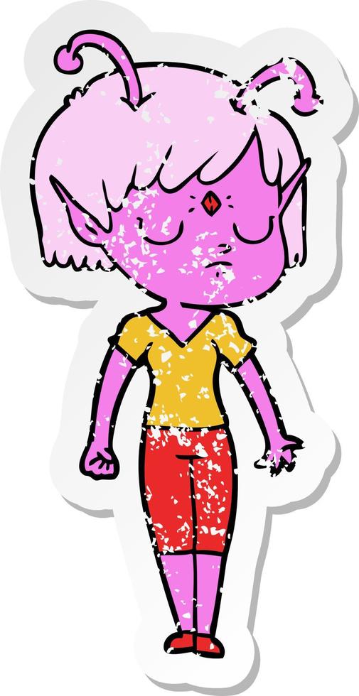 distressed sticker of a cartoon alien girl vector