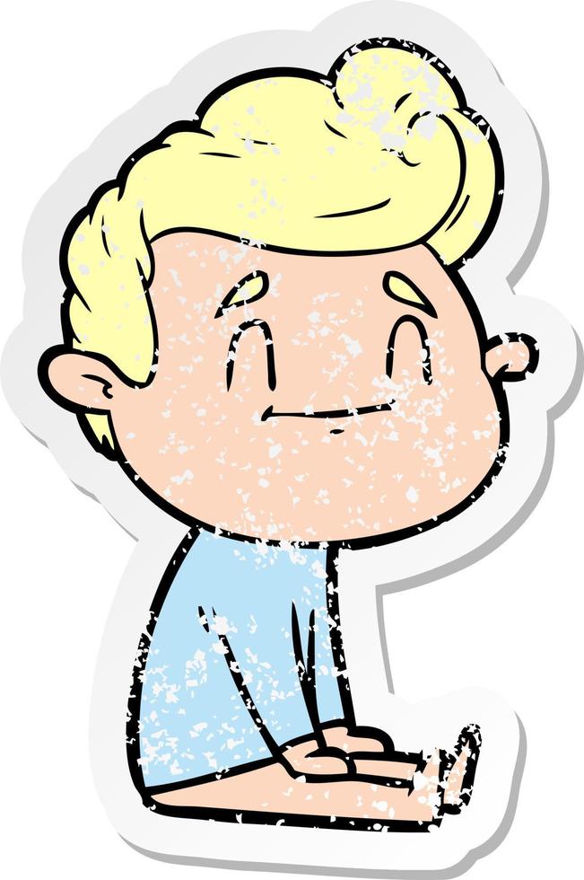 distressed sticker of a happy cartoon man sitting on floor vector