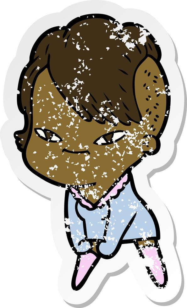 distressed sticker of a cute cartoon girl with hipster haircut vector