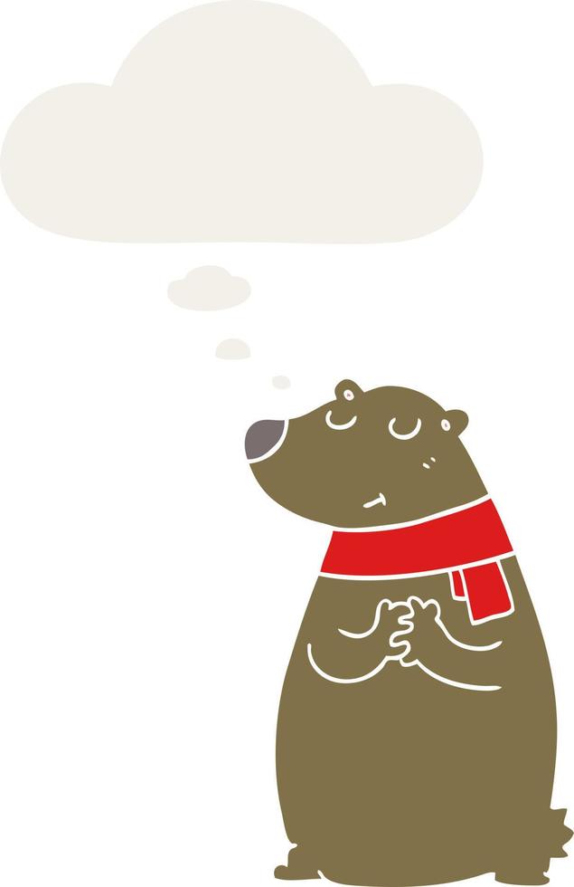 cartoon bear wearing scarf and thought bubble in retro style vector