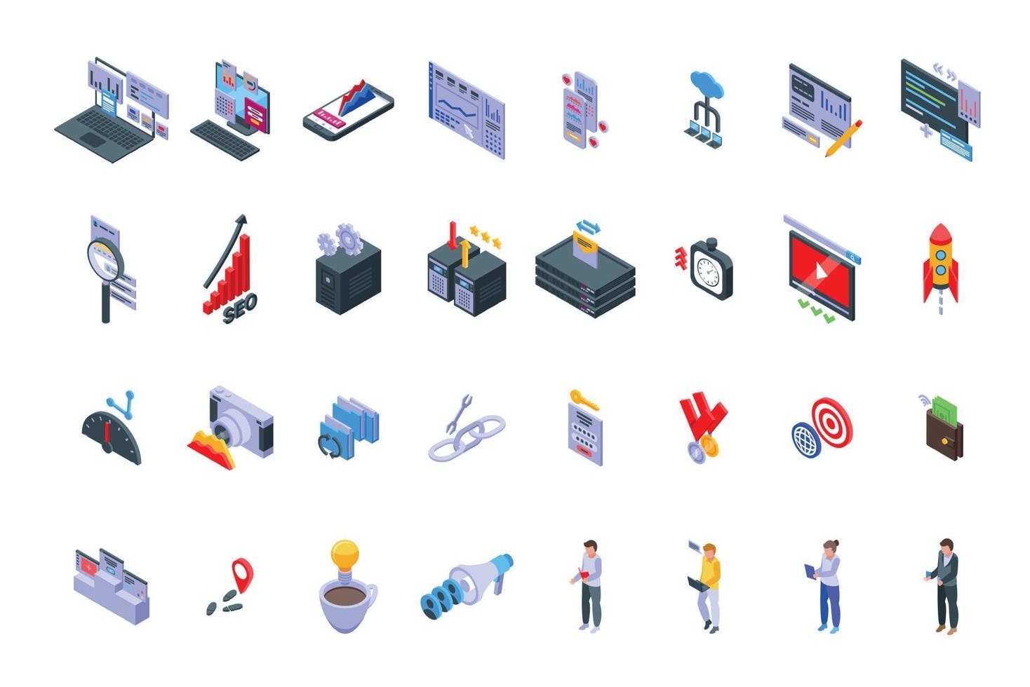 Search engine optimization icons set isometric vector. Search analysis vector