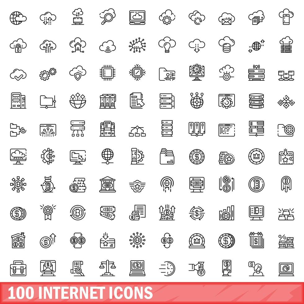 100 internet icons set, outline style vector