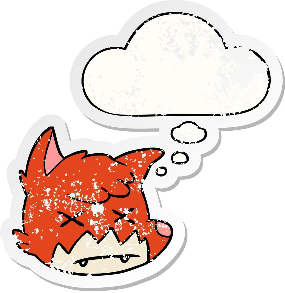 cartoon dead fox face and thought bubble as a distressed worn sticker vector
