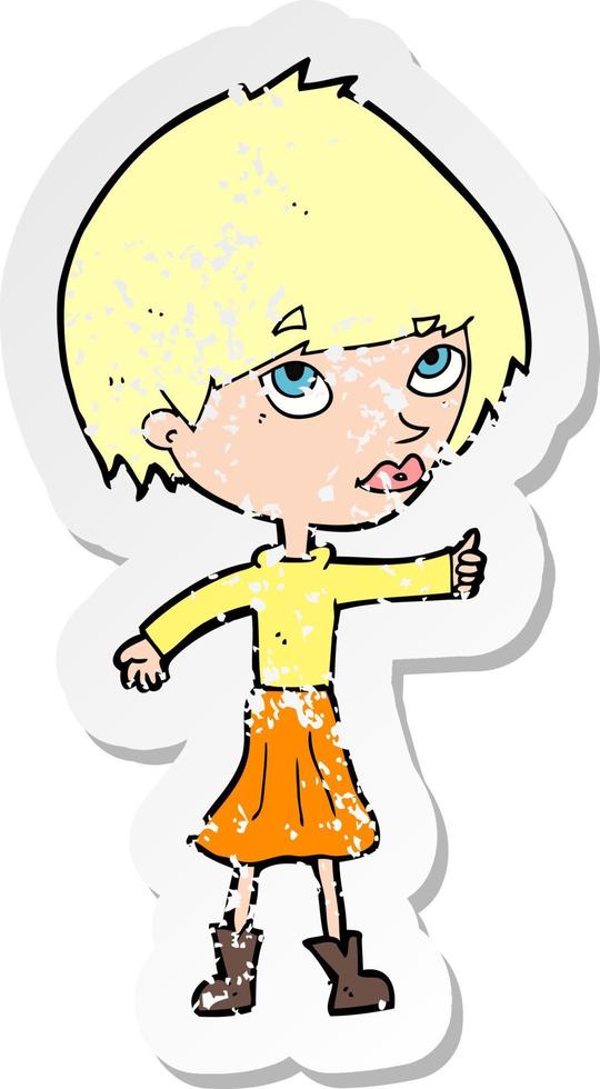 retro distressed sticker of a cartoon woman giving thumbs up symbol vector