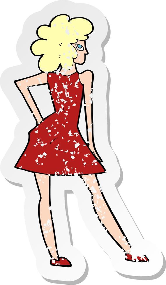 retro distressed sticker of a cartoon woman posing in dress vector