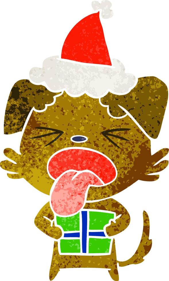 retro cartoon of a dog with christmas present wearing santa hat vector