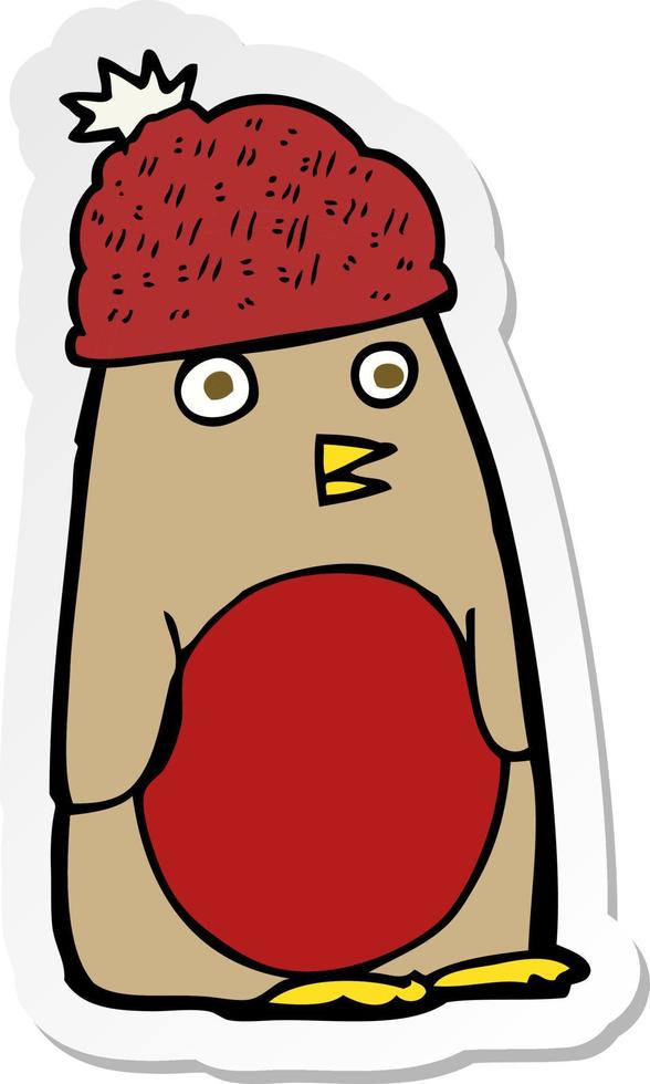 sticker of a cartoon robin in hat vector