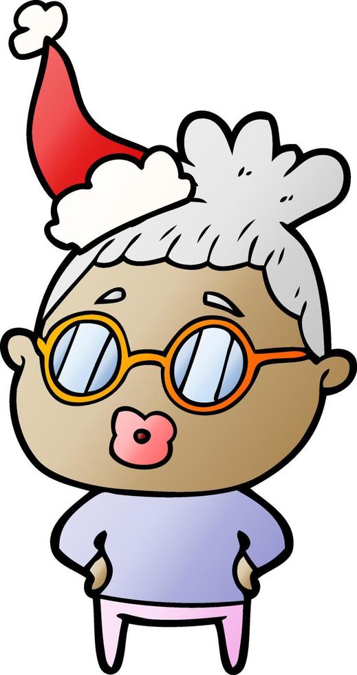 gradient cartoon of a librarian woman wearing spectacles wearing santa hat vector