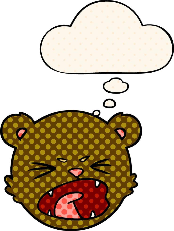 cute cartoon teddy bear face and thought bubble in comic book style vector