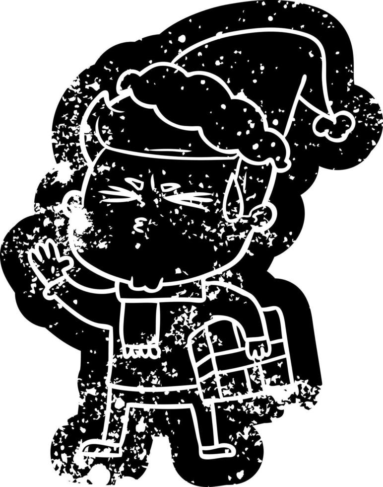 cartoon distressed icon of a man sweating wearing santa hat vector