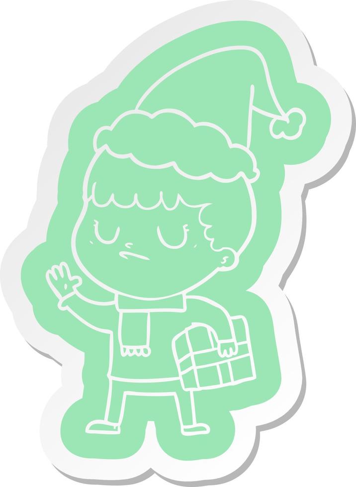 cartoon  sticker of a grumpy boy wearing santa hat vector