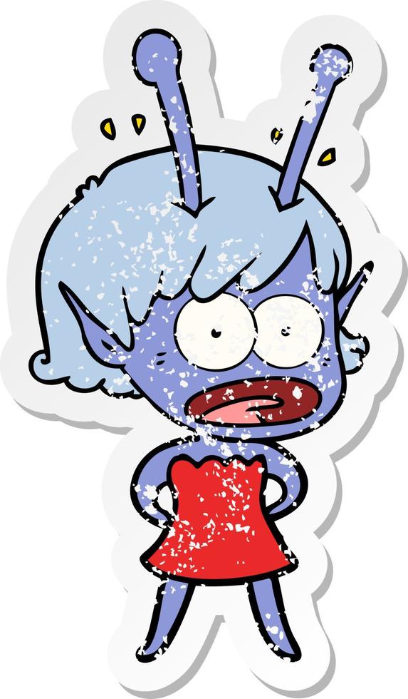 distressed sticker of a cartoon shocked alien girl vector