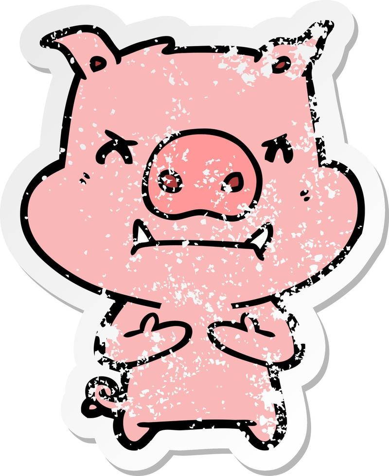 distressed sticker of a angry cartoon pig vector