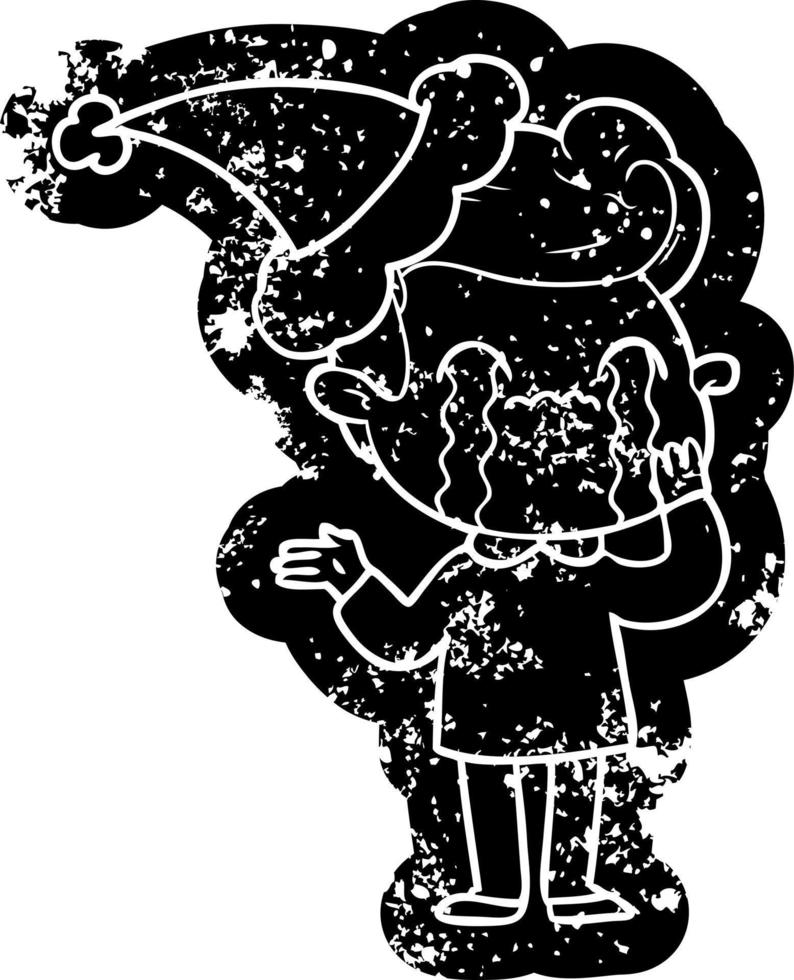 cartoon distressed icon of a man crying wearing santa hat vector