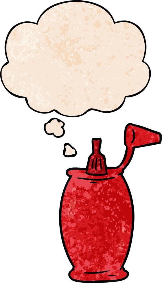 cartoon ketchup bottle and thought bubble in grunge texture pattern style vector