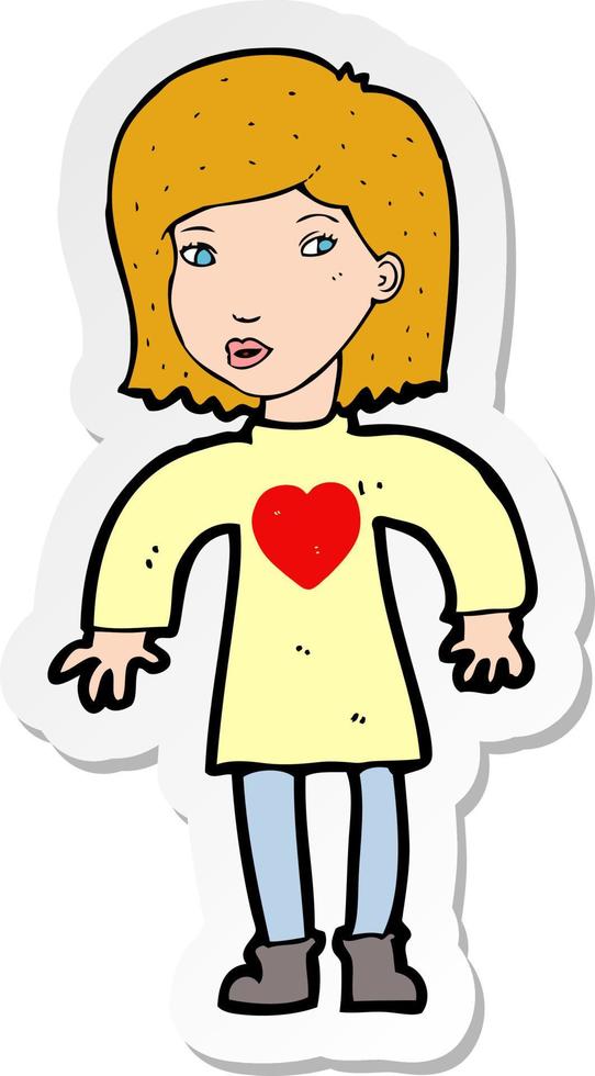 sticker of a cartoon woman wearing heart shirt vector