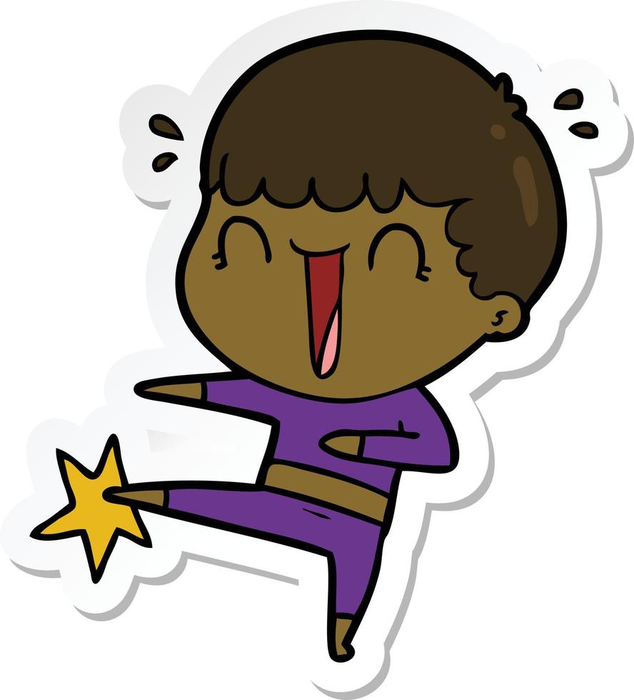 sticker of a laughing cartoon man karate kicking vector