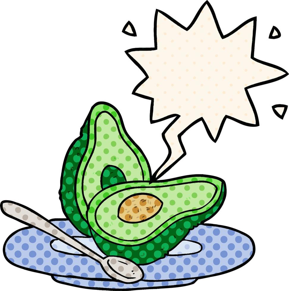 cartoon halved avocado and speech bubble in comic book style vector