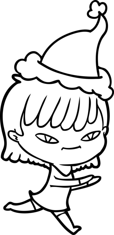 line drawing of a woman wearing santa hat vector