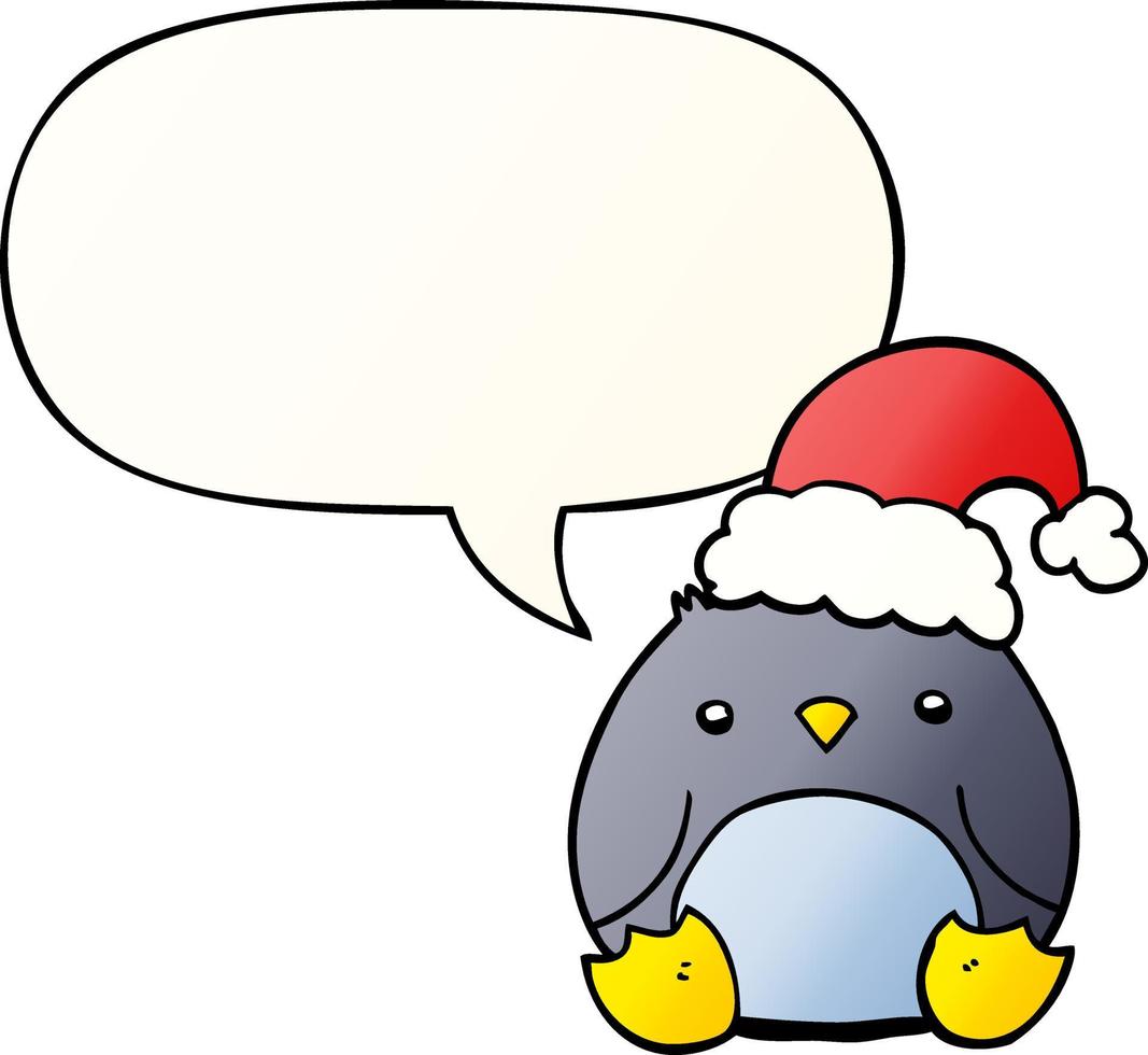 lindo pingüino de dibujos animados con sombrero de navidad y burbuja de habla en un estilo de gradiente suave vector