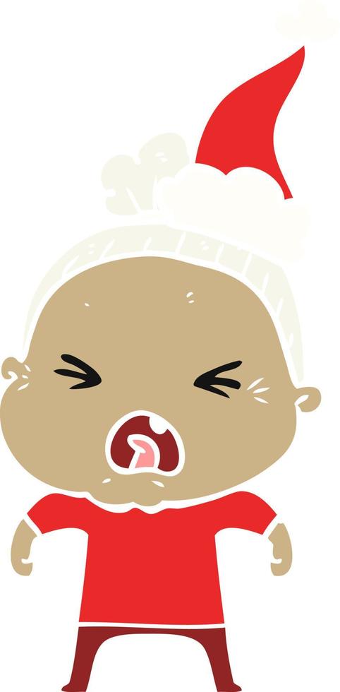 flat color illustration of a angry old woman wearing santa hat vector