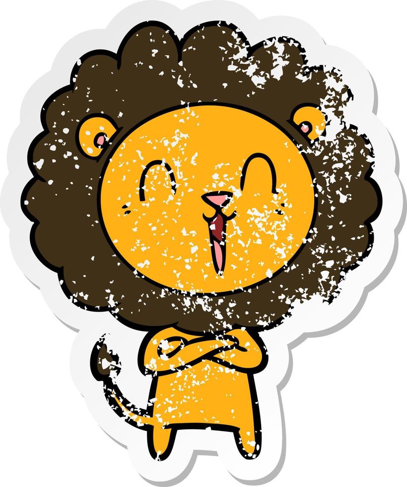 distressed sticker of a laughing lion cartoon vector