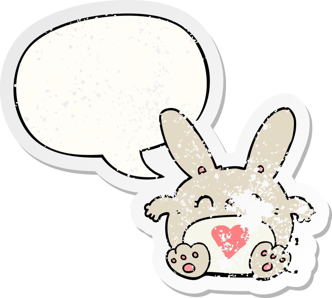 cute cartoon rabbit and love heart and speech bubble distressed sticker vector