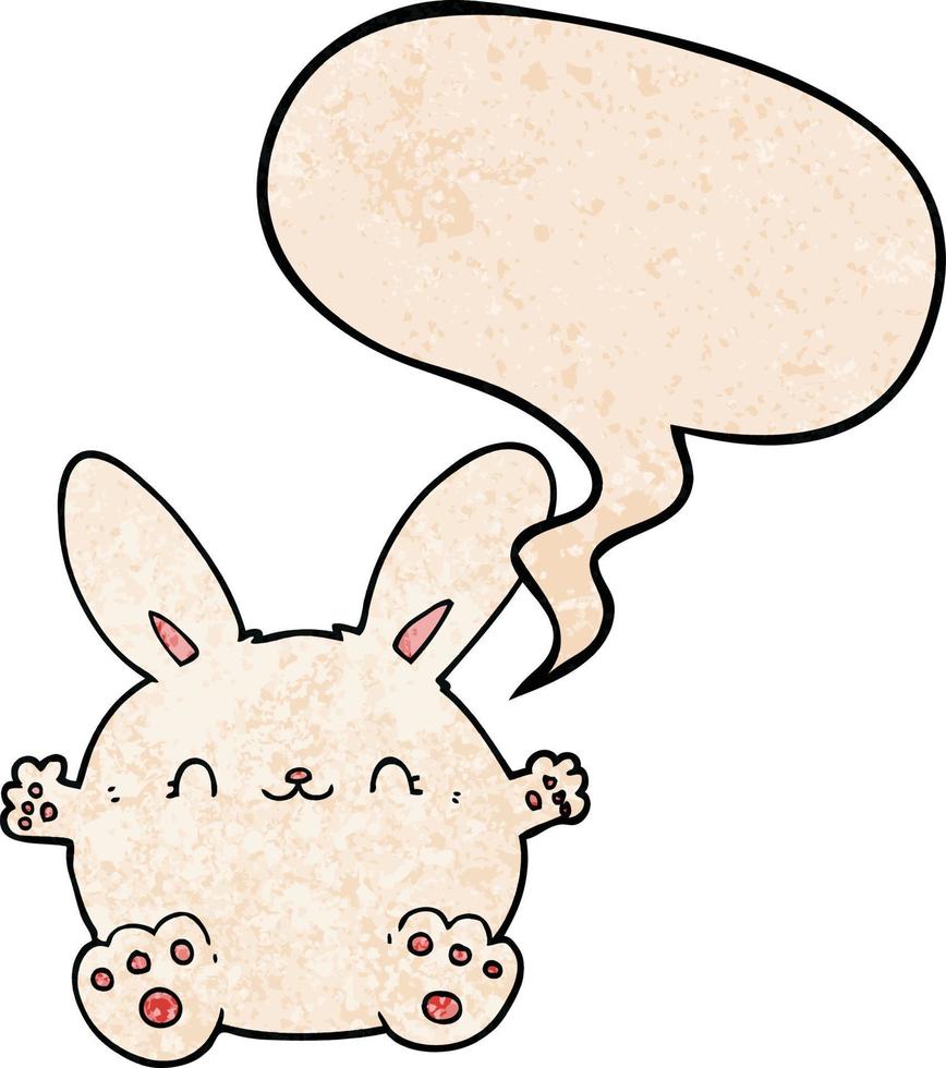 lindo conejo de dibujos animados y burbuja de habla en estilo de textura retro vector
