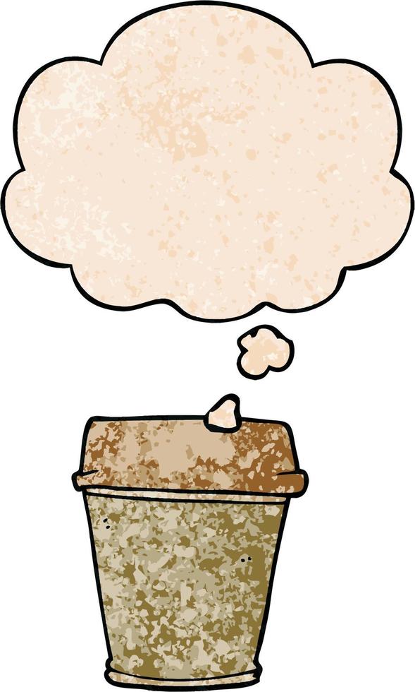 cartoon take out coffee and thought bubble in grunge texture pattern style vector