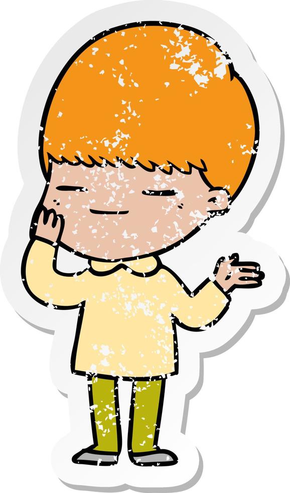 distressed sticker of a cartoon smug boy vector