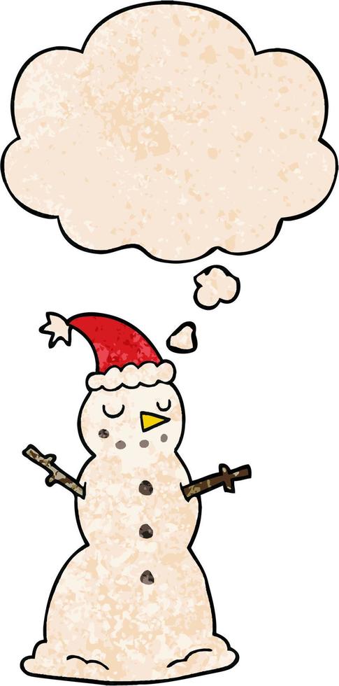 cartoon christmas snowman and thought bubble in grunge texture pattern style vector