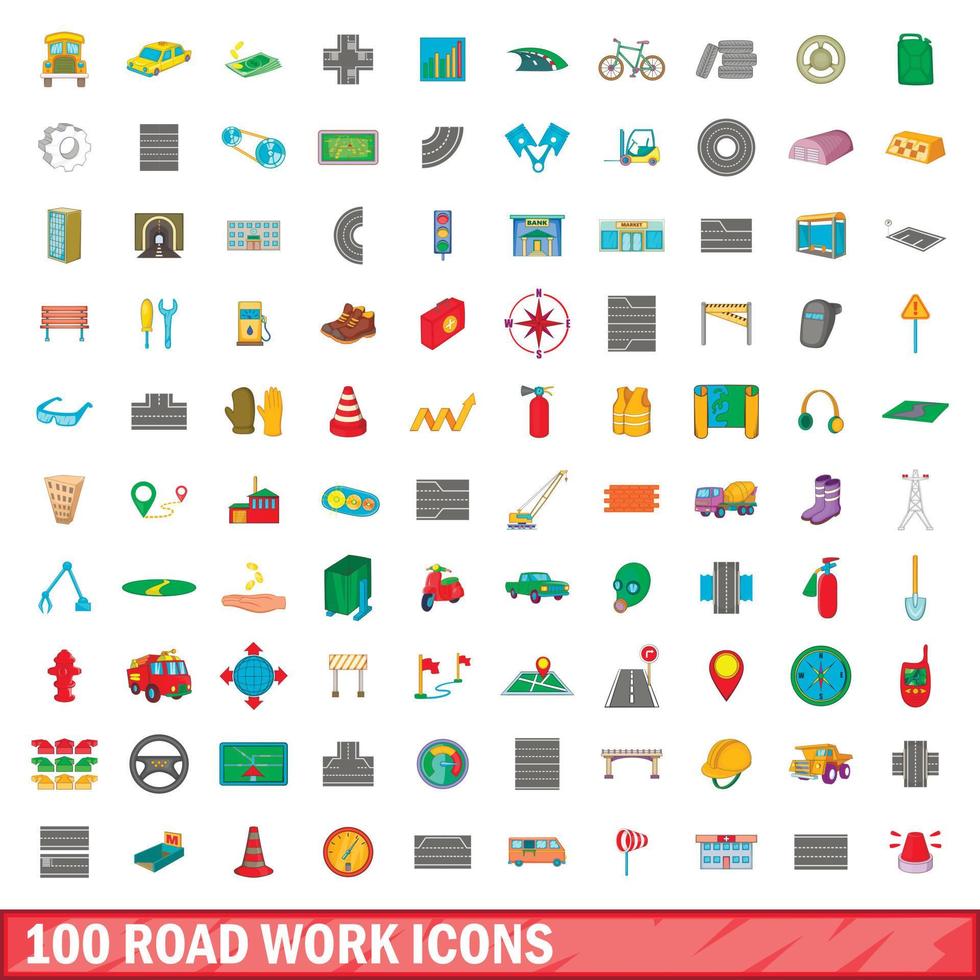 100 iconos de obras viales, estilo de dibujos animados vector