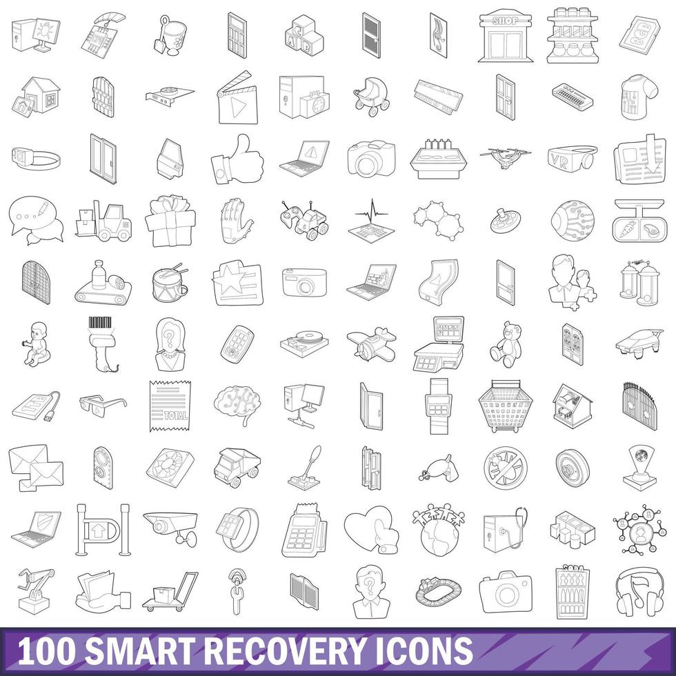 100 smart recovery icons set, outline style vector